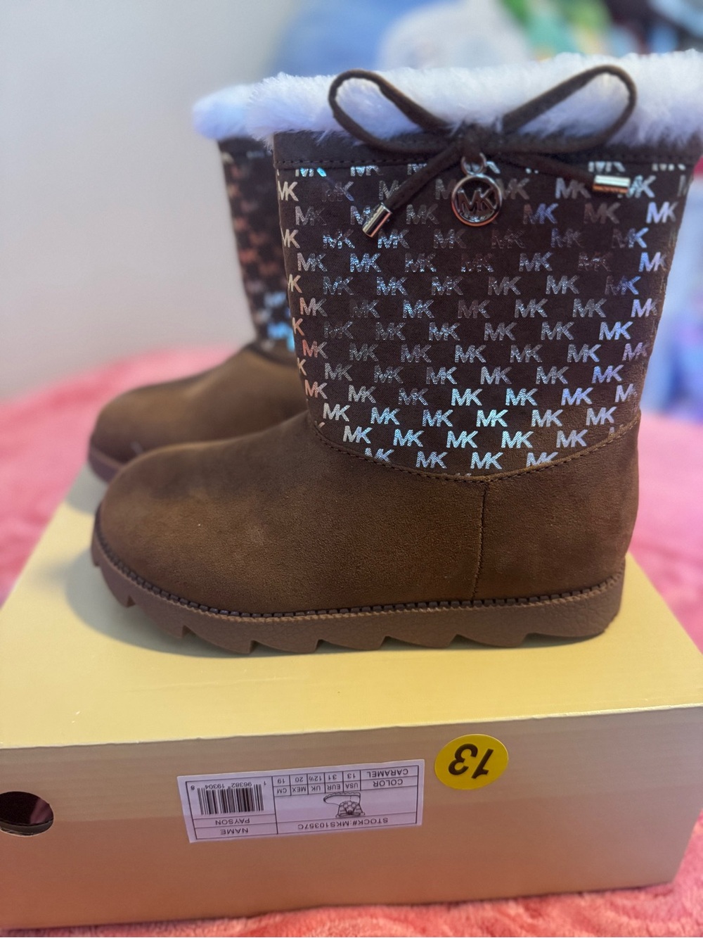 Michael Kors Girls Brown MK Logo Shearling Cuff Boots